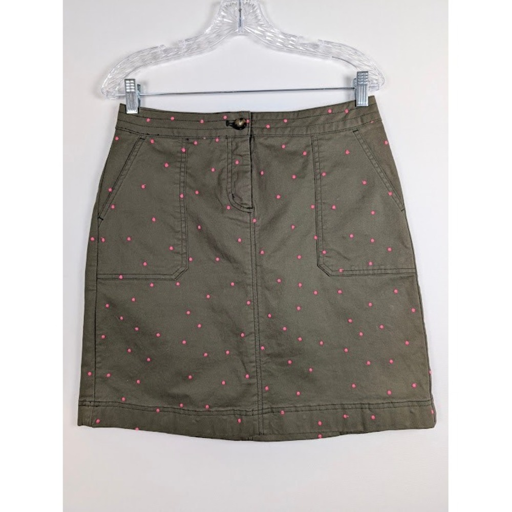 Boden Polka Dot Mini Skirt Womens 6R Olive Green Hot Pink Embroidered Stretch